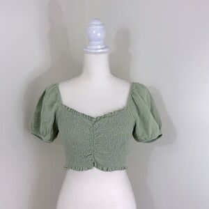 Altar’d State Women’s Cropped Ruched Puff Sleeve Top‎ | Light Green | Size Large